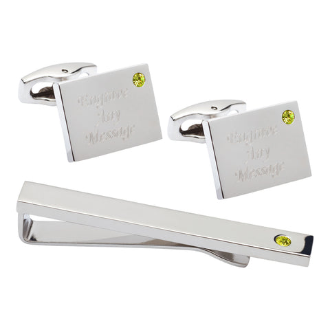 Birthstone Silver Plated Rectangle Engraved Cufflinks & Tie Bar Set (August - Peridot)