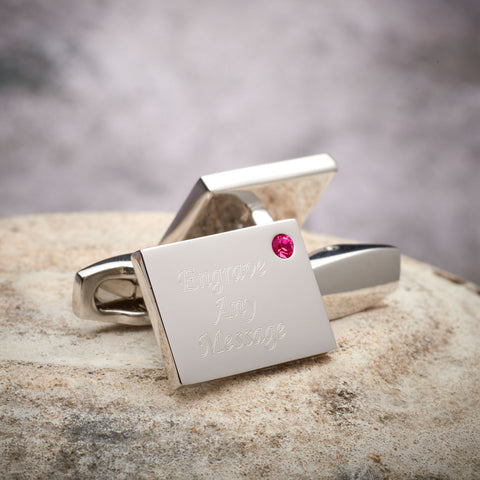 Birthstone Silver Plated Rectangle Engraved Cufflinks (July - Ruby)