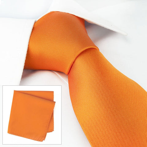 Plain Orange Woven Silk Tie & Handkerchief Set