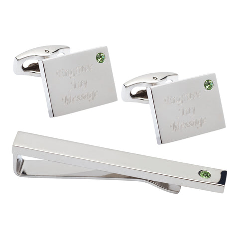 Birthstone Silver Plated Rectangle Engraved Cufflinks & Tie Bar Set (May - Emerald)
