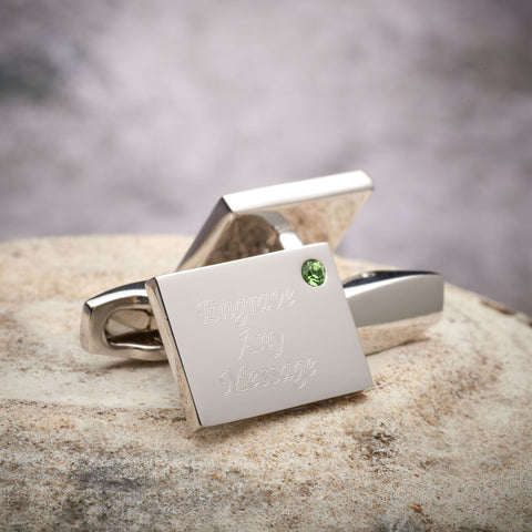Birthstone Silver Plated Rectangle Engraved Cufflinks (May - Emerald)