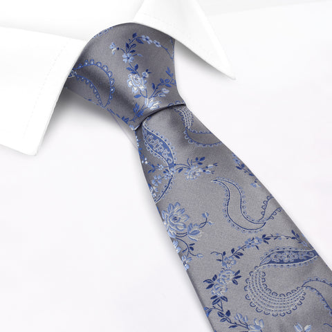 Silver & Blue Luxury Floral Silk Tie