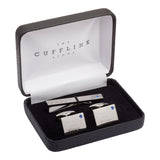 Birthstone Silver Plated Rectangle Engraved Cufflinks & Tie Bar Set (September - Sapphire)
