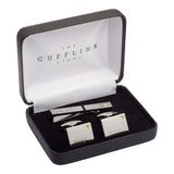 Birthstone Silver Plated Rectangle Engraved Cufflinks & Tie Bar Set (August - Peridot)