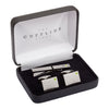 Birthstone Silver Plated Rectangle Engraved Cufflinks & Tie Bar Set (August - Peridot)