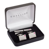 Birthstone Silver Plated Rectangle Engraved Cufflinks & Tie Bar Set (July - Ruby)
