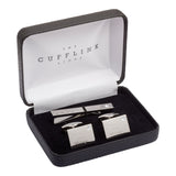 Birthstone Silver Plated Rectangle Engraved Cufflinks & Tie Bar Set (April - Diamond)