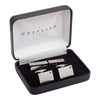 Birthstone Silver Plated Rectangle Engraved Cufflinks & Tie Bar Set (February - Amethyst)