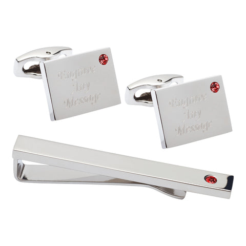 Birthstone Silver Plated Rectangle Engraved Cufflinks & Tie Bar Set (January - Garnet)