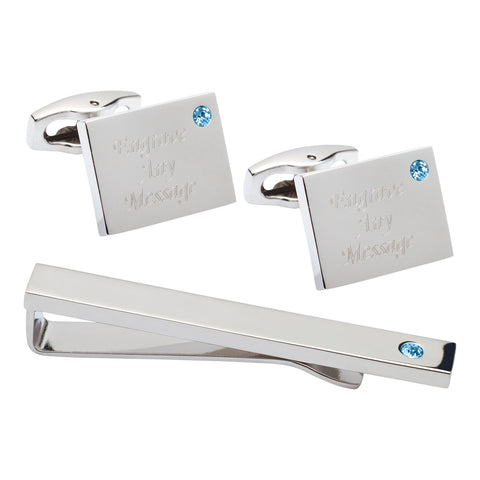 Birthstone Silver Plated Rectangle Engraved Cufflinks & Tie Bar Set (December - Blue Topaz)