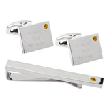 Birthstone Silver Plated Rectangle Engraved Cufflinks & Tie Bar Set (November - Topaz)