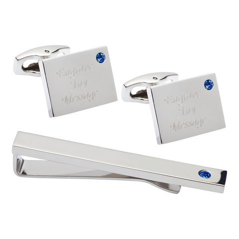 Birthstone Silver Plated Rectangle Engraved Cufflinks & Tie Bar Set (September - Sapphire)