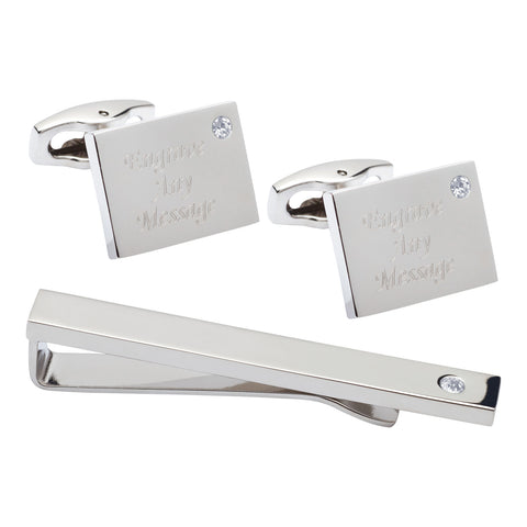 Birthstone Silver Plated Rectangle Engraved Cufflinks & Tie Bar Set (April - Diamond)