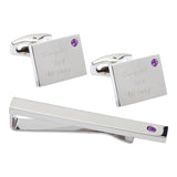 Birthstone Silver Plated Rectangle Engraved Cufflinks & Tie Bar Set (February - Amethyst)