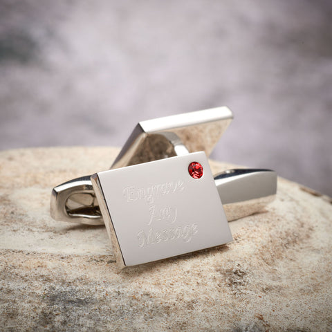 Birthstone Silver Plated Rectangle Engraved Cufflinks (January - Garnet)