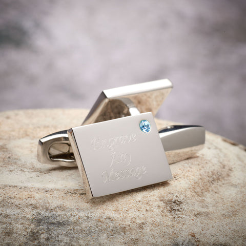 Birthstone Silver Plated Rectangle Engraved Cufflinks (March - Aquamarine)