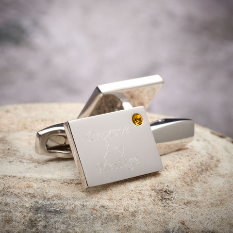 Birthstone Silver Plated Rectangle Engraved Cufflinks (November - Topaz)