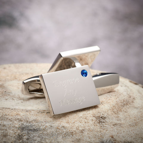 Birthstone Silver Plated Rectangle Engraved Cufflinks (September - Sapphire)