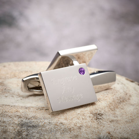 Birthstone Silver Plated Rectangle Engraved Cufflinks (February - Amethyst)