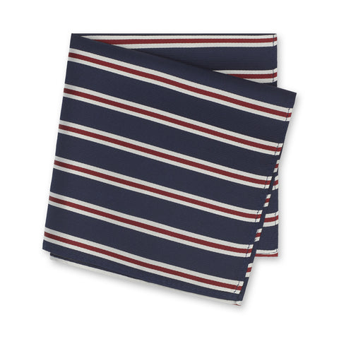 Navy Silk Handkerchief With Burgundy & White Stripes