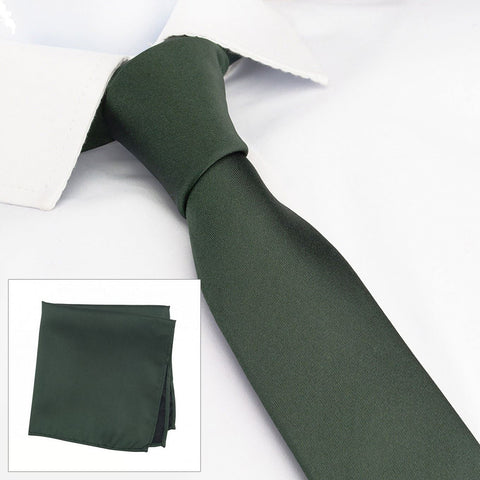 Plain Dark Green Slim Silk Tie & Handkerchief Set