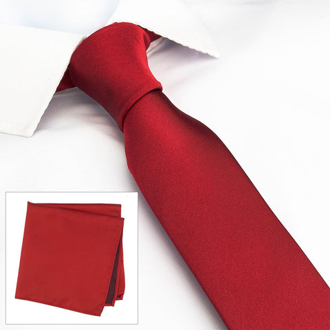 Slim Plain Red Silk Tie & Handkerchief Set