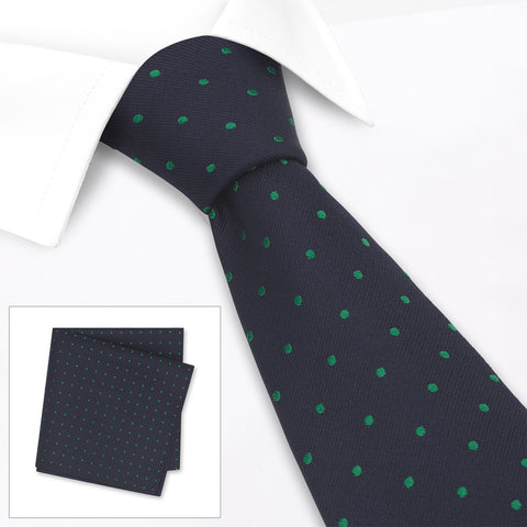 Navy & Green Micro Spot Silk Tie & Handkerchief Set