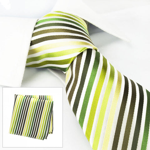 Various Green Striped Woven Silk Tie & Handkerchief Set
