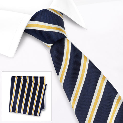 Navy With White & Gold Stripes Silk Tie & Handkerchief Set