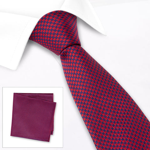 Red & Navy Dogtooth Silk Tie & Handkerchief Set