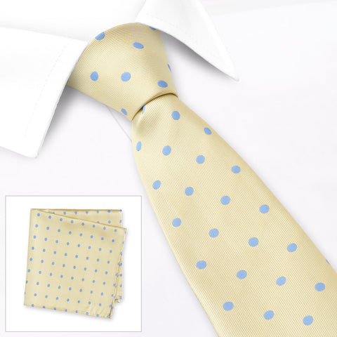 Yellow With Blue Polka Dots Silk Tie & Handkerchief Set