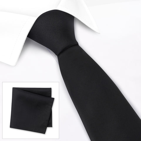 Plain Black Silk Tie & Handkerchief Set
