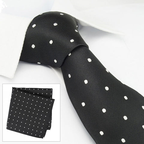 Black Polka Dot Woven Silk Tie & Handkerchief Set Bundle