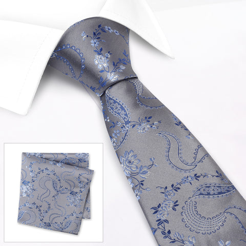 Silver & Blue Luxury Floral Silk Tie & Handkerchief Set