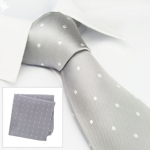 Grey Polka Dot Woven Silk Tie & Handkerchief Set