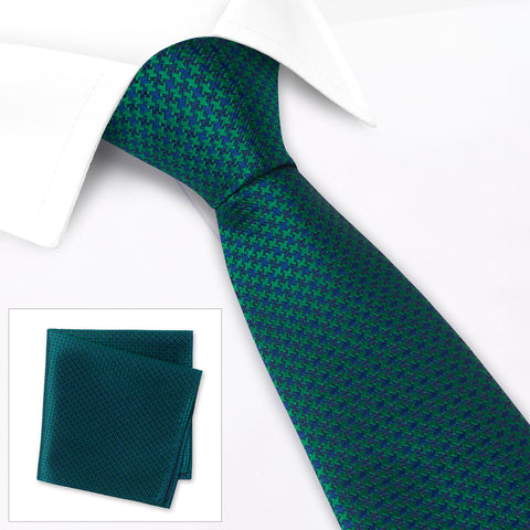 Green & Navy Dogtooth Silk Tie & Handkerchief Set