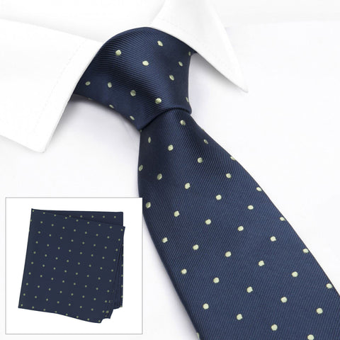 Navy & Green Polka Dot Woven Silk Tie & Handkerchief Set