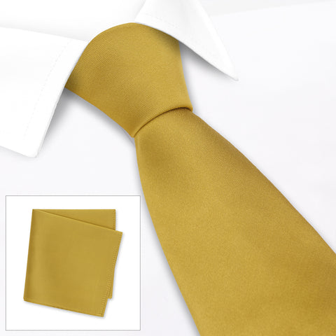 Plain Gold Silk Tie & Handkerchief Set