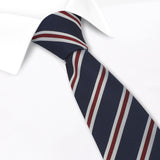Navy Silk Tie With Burgundy And White Stripes