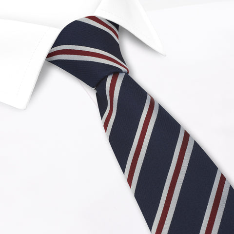 Navy Silk Tie With Burgundy And White Stripes