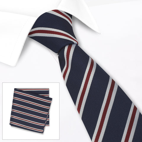 Navy Silk Tie & Handkerchief Set With Burgundy & White Stripes