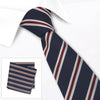 Navy Silk Tie & Handkerchief Set With Burgundy & White Stripes
