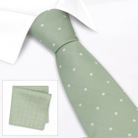 Yoghurt Green Polka Dot Silk Tie & Handkerchief Set