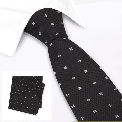 Black & White Flower Spot Silk Tie & Handkerchief Set
