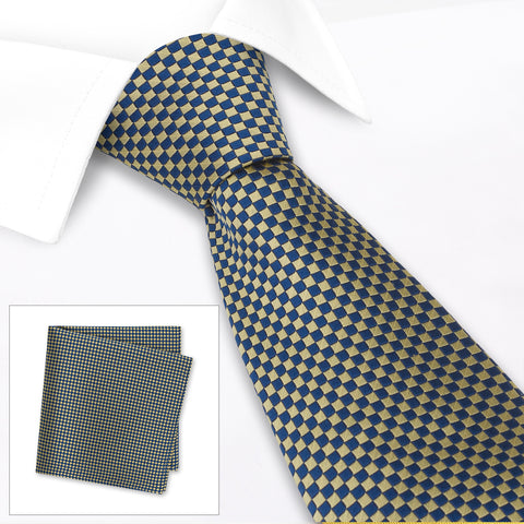 Gold & Navy Diamond Gridded Silk Tie & Handkerchief Set