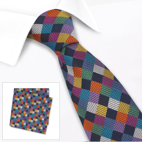 Multi Colour Check Luxury Woven Silk Tie & Handkerchief Set