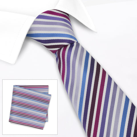 Various Purple Striped Woven Silk Tie & Handkerchief Set