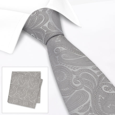 Silver Paisley Woven Silk Tie & Handkerchief Set
