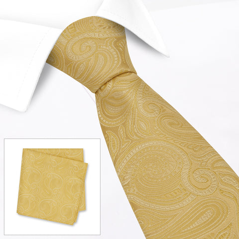 Gold Paisley Woven Silk Tie & Handkerchief Set