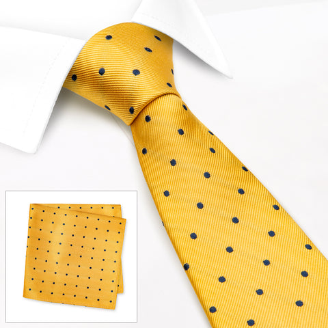 Yellow & Navy Polka Dot Woven Silk Tie & Handkerchief Set